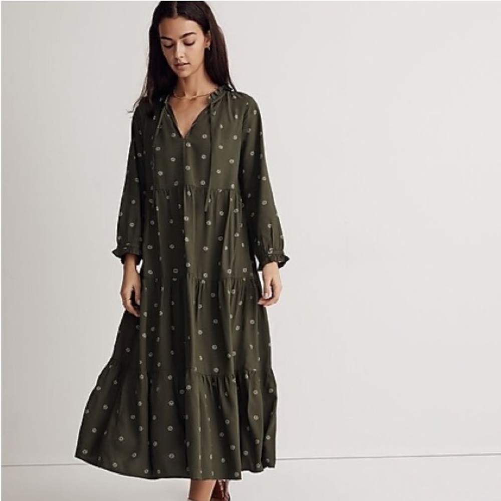 Madewell tie neck green flower print midi long sleeve dress